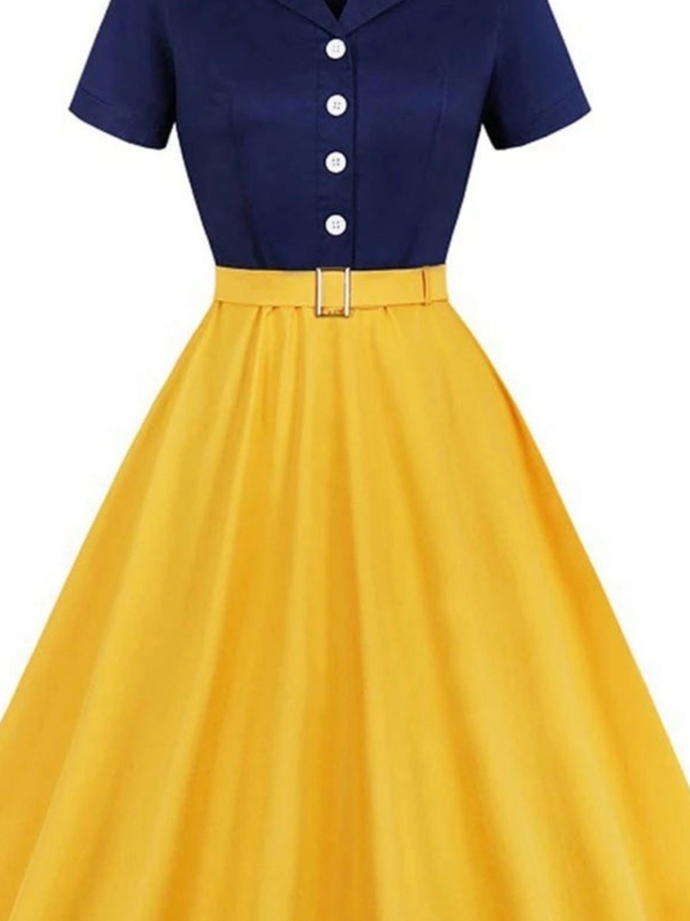 Retro Navy and Yellow Belted Midi Dress